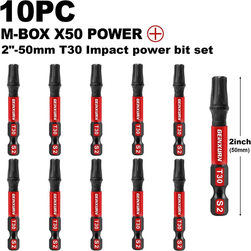 GEINXURN 10Pieces 2 In. T30 Impact Tough Magnetic Screwdriver Bit Set, #30 Torx Head Power Bits, S2 Alloy Steel Star Bits with Storage M-Box - Image 2